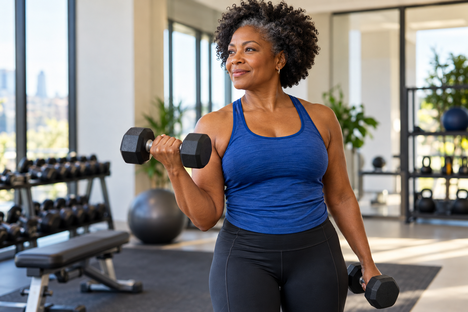 A strong Black woman in midlife strength training with dumbbells